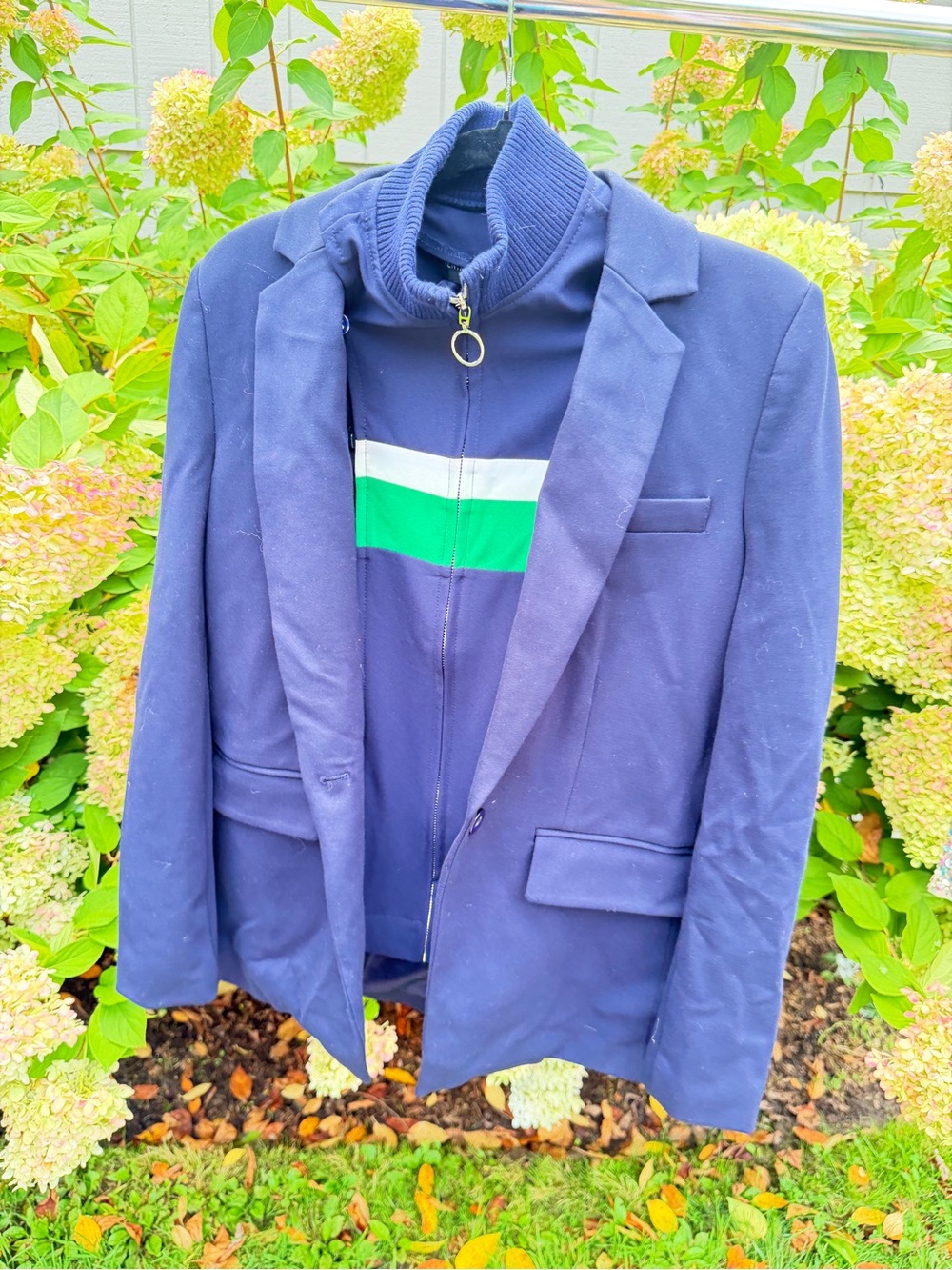 Central Park West Navy Blazer with Green & White Zip-Front Layer